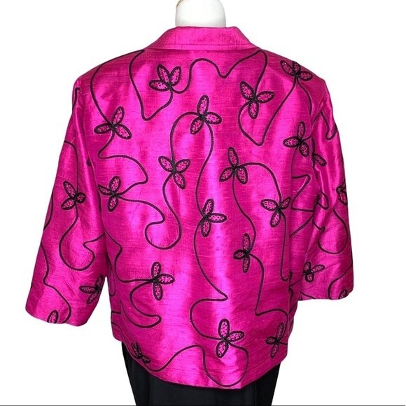 Anage Women’s Silk Fuchsia Pink Black Embroidered Full Zip Blazer Jacket Size 2X - Picture 3 of 15
